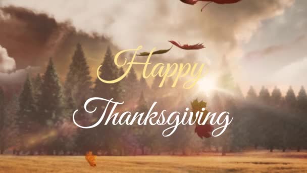 Animáció Boldog Hálaadás Szövegét Fenyőfák Felett Hálaadás Napja Ünneplés Digitális — Stock videók