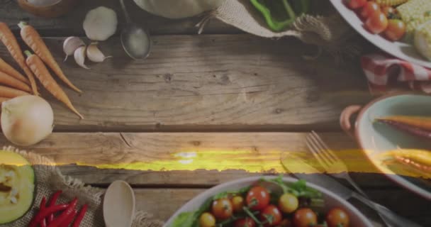 Animation Landscape Plates Food Wooden Background Autumn Tradition Celebration Concept — Stock Video
