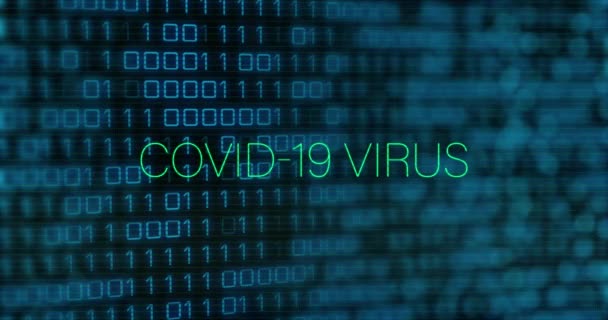 Animering Covid Virus Text Grönt Och Störningar Över Binära Databehandling — Stockvideo