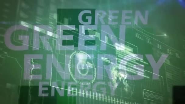 Анімація Тексту Зеленої Енергії Над Інтерфейсом Глобусом Картою Графіками Радаром — стокове відео