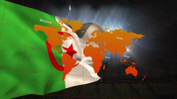 Animación Del Procesamiento Datos Mapa Mundial Sobre Bandera Algeria Negocios — Vídeos de Stock