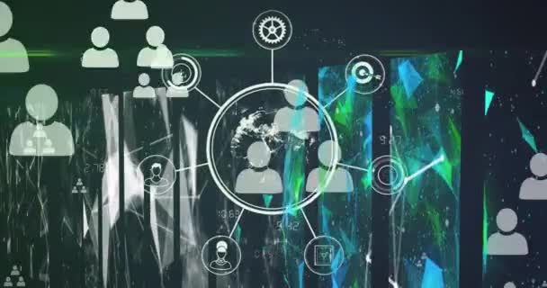 Animationen Von Verbindungsnetzwerken Mit Symbolen Über Der Datenverarbeitung Auf Dunklem — Stockvideo