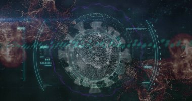 Yüz maskesi takan adamın üzerindeki küresel koronavirüs hücrelerinin görüntüsü. Küresel covid salgını ve sağlık hizmetleri konsepti dijital olarak oluşturulmuş görüntü.