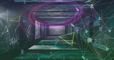 Yüksek donanımlı alanda hareket eden dijital işaretlerin görüntüsü. Dijital bileşik, teknoloji, fütüristik, gelişim, bağlantı, küresel, çoklu maruz kalma, sağlık, tıbbi işaret.