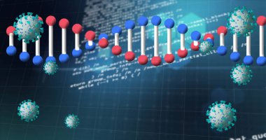 3D DNA 'nın resmi, dijital arayüzde veri işleme sistemi olan bir virüs. Dijital bileşik, yapay zeka, bilim ve teknoloji, sağlık ve tıp, kodlama.