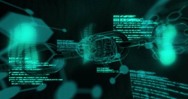 Siyah üzerine bağlı ikonlar ağıyla beyin ve araştırma veri işleme görüntüsü. küresel tıbbi araştırma teknolojisi, dijital veri ve iletişim konsepti, dijital olarak oluşturulmuş görüntü.