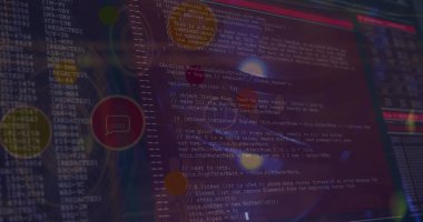 Mavi zemin üzerinde veri işleme üzerine ışık noktası ve dijital simgelerin resmi. Bilgisayar arayüzü ve iş teknolojisi kavramı