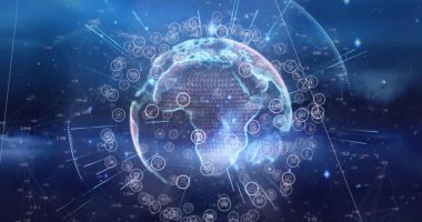 Mavi dünya üzerindeki simgelerle bağlantıları olan bir dünya görüntüsü. Küresel bağlantılar teknoloji ve dijital arayüz konsepti dijital olarak oluşturuldu.