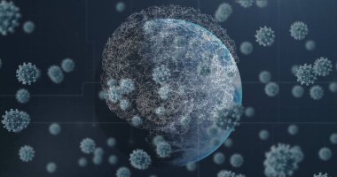 Dünya 'da hareket eden koronavirüs görüntüsü ve dijital arayüzde insan beyni. Dijital bileşik, salgın, covid-19, viral enfeksiyon, sağlık ve tıp, salgın, bilim, mikrobiyoloji.