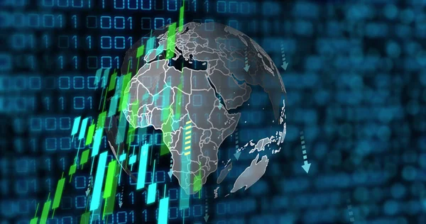 Image of data processing over globe. Global business, finances and digital interface concept digitally generated image.
