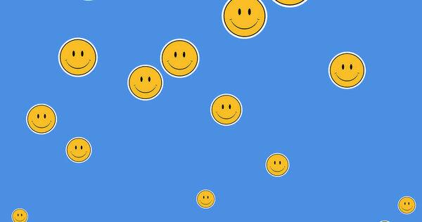 Image of multiple digital smiley emoji faces floating on blue background. Global online social media concept digitally generated image.