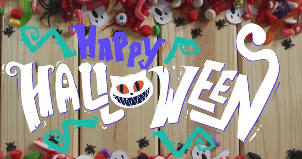Afbeelding Van Halloween Tekst Decoraties Snoepjes Houten Achtergrond Halloween Herfst — Stockfoto