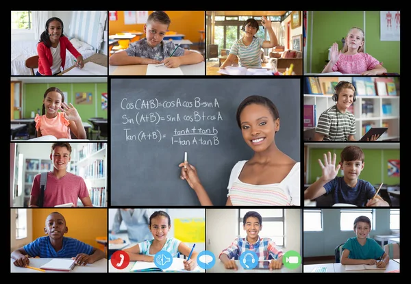 Video Call Interface Met Diverse Vrouwelijke Leraar Schoolkinderen Het Scherm — Stockfoto
