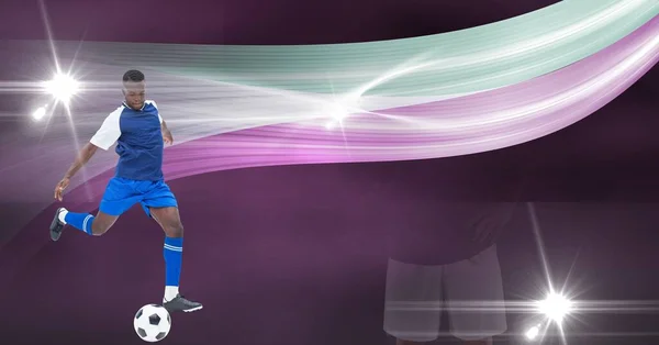Composição Jogador Futebol Masculino Chutando Futebol Com Luzes Trilhas Rosa — Fotografia de Stock