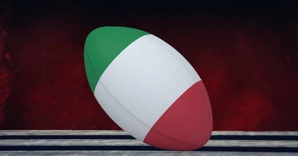 Kompozycja Piłki Rugby Ozdobiona Flagą Włoch Czarnym Tle Sport Międzynarodowa — Zdjęcie stockowe