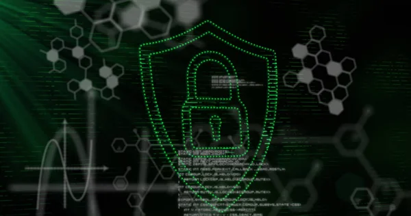 黒の情報とデータ処理と緑のドット南京錠のシンボルの画像 世界規模の研究技術デジタルデータセキュリティの概念デジタル生成された画像 — ストック写真