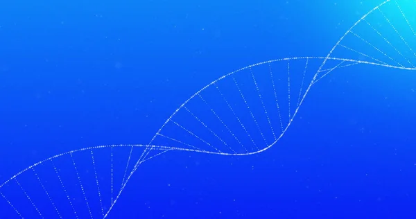 Image of white glowing 3D double helix DNA strand spinning on blue background. Medicine genetics science concept digitally generated image.