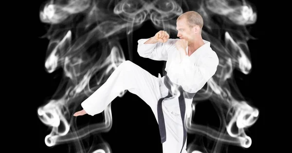 Composition Male Martial Artist Trails Smoke Black Background Sport Competition — Stock Photo, Image