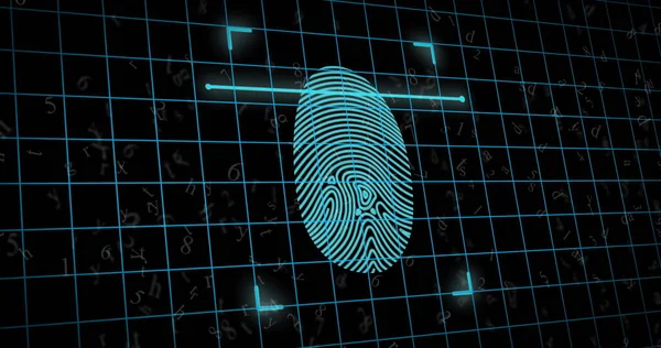 Image of green digital fingerprint being scanned, data processing and digital interface with letters floating. Online security concept digitally generated image.