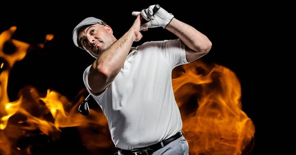Composição Jogador Golfe Masculino Sobre Chamas Fundo Preto Conceito Desporto — Fotografia de Stock
