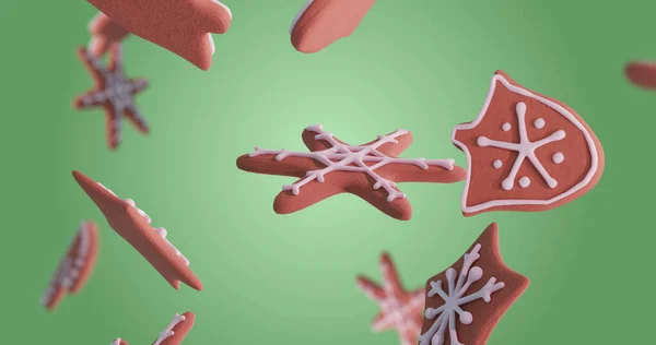 Bild Pepparkakor Faller Vid Jul Över Grön Bakgrund Jul Tradition — Stockfoto