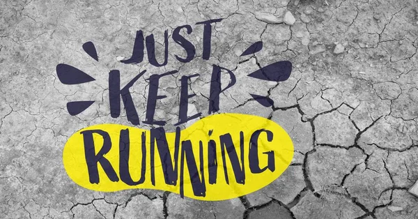 Composition Just Keep Running Slogan Black Yellow Footprint Grey Cracked — Stock Photo, Image