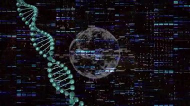 Dünya üzerinde veri işleme ve DNA ipliklerinin animasyonu. Küresel iş ve dijital arayüz kavramı dijital olarak oluşturulmuş video.