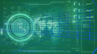 Dijital veri işleme ve dijital arayüz animasyonu ve mavi arkaplan üzerindeki ızgara. Küresel veri işleme kavramı dijital oluşturulmuş video.