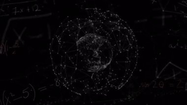 Bağlantılar ağının küresinin animasyonu ve siyah arkaplana karşı matematiksel denklemler. Tıbbi araştırma ve bilim teknolojisi kavramı