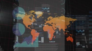 Veri işleme ile istatistiklerin üzerinde dünya haritasının animasyonu. Küresel iş, finans ve veri işleme kavramı dijital olarak oluşturulmuş video.