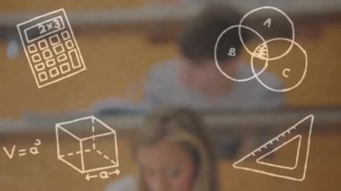 Kafkas kız öğrenci üzerine düşen matematiksel formüllerin animasyonu. Eğitim ve matematik öğrenme kavramı dijital olarak oluşturulmuş video.