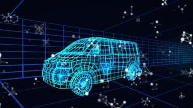 Arabanın üzerinde moleküllerin ve ışık lekelerinin animasyonu. Küresel iş ve dijital arayüz kavramı dijital olarak oluşturulmuş video.