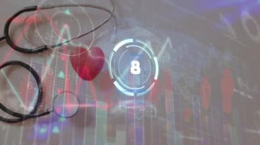 Stetoskop üzerinden veri işleme animasyonu. Küresel iş ve dijital arayüz kavramı dijital olarak oluşturulmuş video.