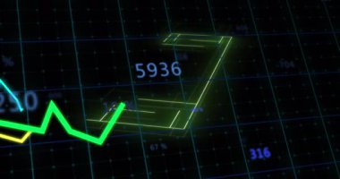 Siyah zemin üzerinde veri işleme üzerine neon stadyumun animasyonu. Küresel spor ve dijital arayüz kavramı dijital olarak oluşturulmuş video.