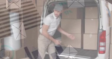 Dağıtım elemanının elinde dosya olan istatistiklerle ilgili animasyon. Küresel sevkiyat işi veri işleme ve teknoloji konsepti dijital olarak oluşturulmuş video.