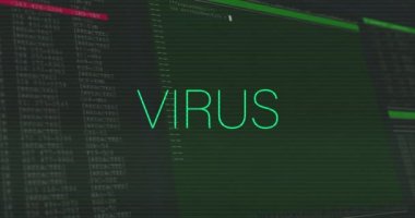 Veri işleme üzerinden virüs metninin animasyonu. Küresel iş ve dijital arayüz kavramı dijital olarak oluşturulmuş video.