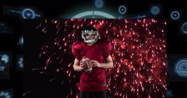 Kafkas erkek Amerikan futbolcusu üzerinde yapılan taramaların animasyonu. Küresel spor ve dijital arayüz kavramı dijital olarak oluşturulmuş video.