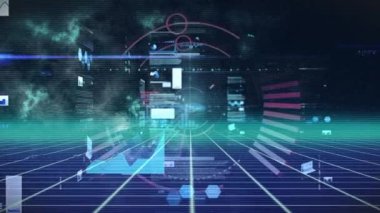 Turta grafiğiyle dönen dairelerin animasyonu, soyut arkaplan üzerinde programlanan dil. Dijital bileşik, çoklu pozlama, rapor, veri, kodlama, finans, geometrik şekil ve teknoloji.