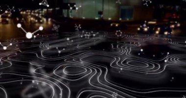 Şehir manzarasında hareket eden şekillerin animasyonu. küresel iş ve dijital arayüz kavramı dijital olarak oluşturulmuş video.