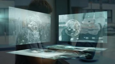 Animation of data processing over caucasian businesswoman in office. Global business and digital interface concept digitally generated video.