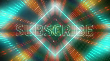 Siyah arkaplanda neon şekiller üzerine abonelik metninin canlandırması. Küresel sosyal medya ve dijital arayüz kavramı dijital olarak oluşturulmuş video.