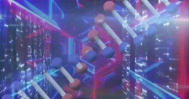 DNA iplikçiklerinin ve neon tünelin üzerinde hareket eden kolonların animasyonu. Soyut arkaplan, ışık ve hareket kavramı dijital olarak oluşturulmuş video.