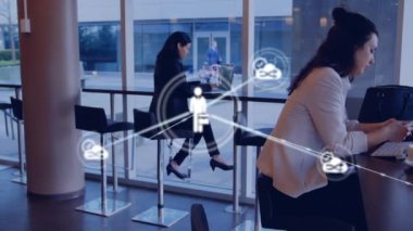 Animation of network of connections over caucasian business people in office. Global business and digital interface concept digitally generated video.