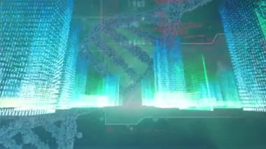 DNA ipliği ve şehir üzerinde veri işleme animasyonu. Küresel iş ve dijital arayüz kavramı dijital olarak oluşturulmuş video.