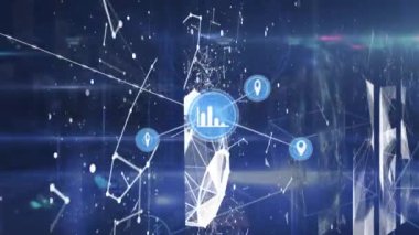 Karanlık arkaplan üzerindeki simgelerle bağlantı ağının animasyonu. Küresel bağlantılar ve veri işleme kavramı dijital video oluşturuldu.