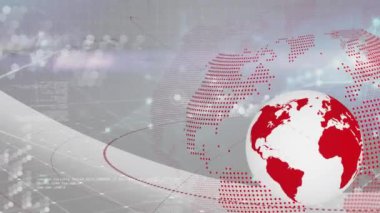 Gri arkaplan üzerinde veri işleme ve küre animasyonu. Küresel veri işleme ve ekonomi kavramı dijital video üretimi.