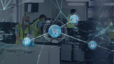 Ofisi dezenfekte eden insanlar üzerindeki bağlantı ağının animasyonu. Dijital video oluşturulmuş konsept sırasında küresel iş.