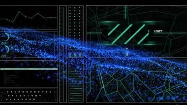 Dijital arayüz animasyonları ve koyu arkaplanda mavi dalga. Küresel veri işleme ve bağlantı konsepti dijital video oluşturuldu.