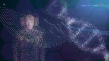 Lenslerin üzerinde DNA sarmalı, dalga deseni ve altıgen olan animasyon dijital insan vücudu. Dijital olarak üretilmiş, hologram, molekül, genetik, anatomi, tıbbi ve teknoloji konsepti.