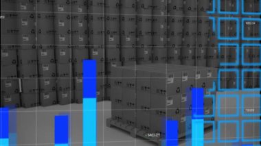 Kutuların üzerindeki dünya haritasının animasyonu. Küresel iş ve dijital arayüz kavramı dijital olarak oluşturulmuş video.